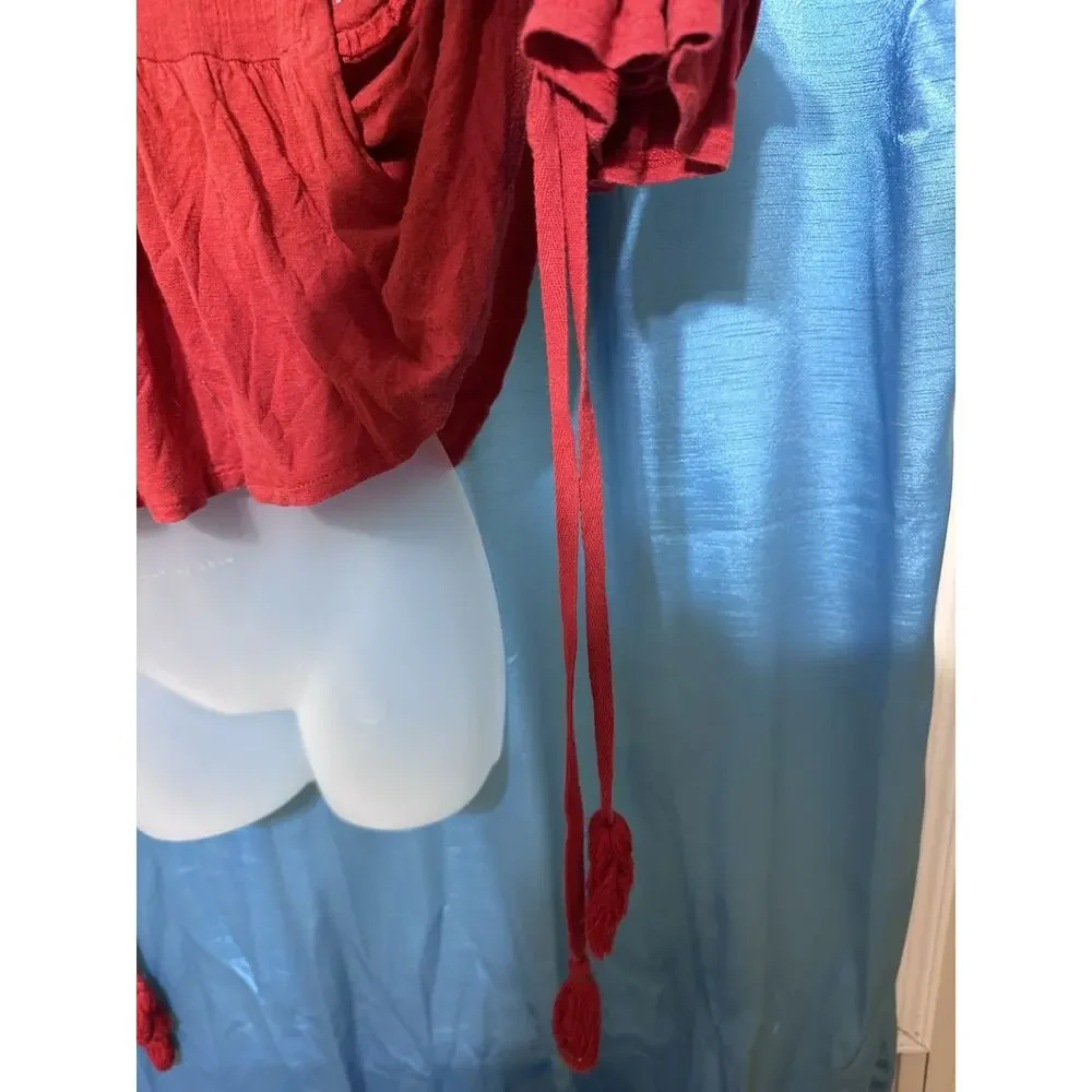Free People Penny Love Top Cropped Red Embroidered Tassels Boho SZ M